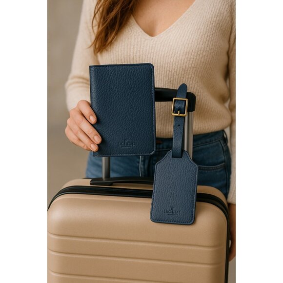Lucchese Leather Passport Holder + Luggage Tag Set – Navy Blue R1236-4014 - Picture 1 of 13
